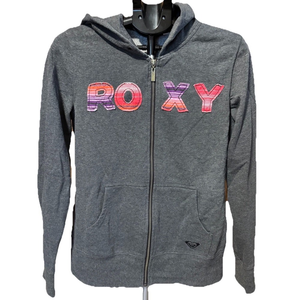 Roxy Womens M Gray Full Zip Hooded Cotton Blend Sweatshirt Appliqué Letters Soft